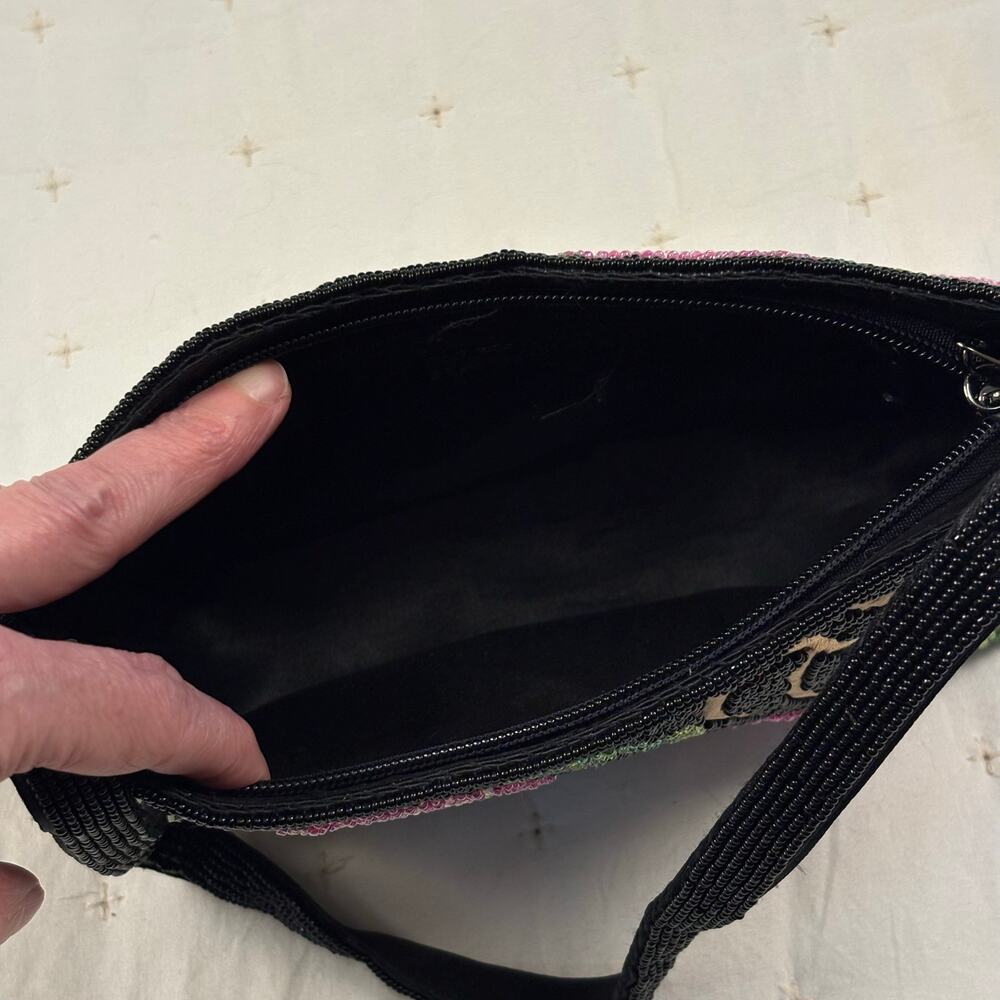 Y2K Vintage Beaded Floral Clutch Bag Black Pink Evening Wedding Handbag Purse - Picture 5 of 10